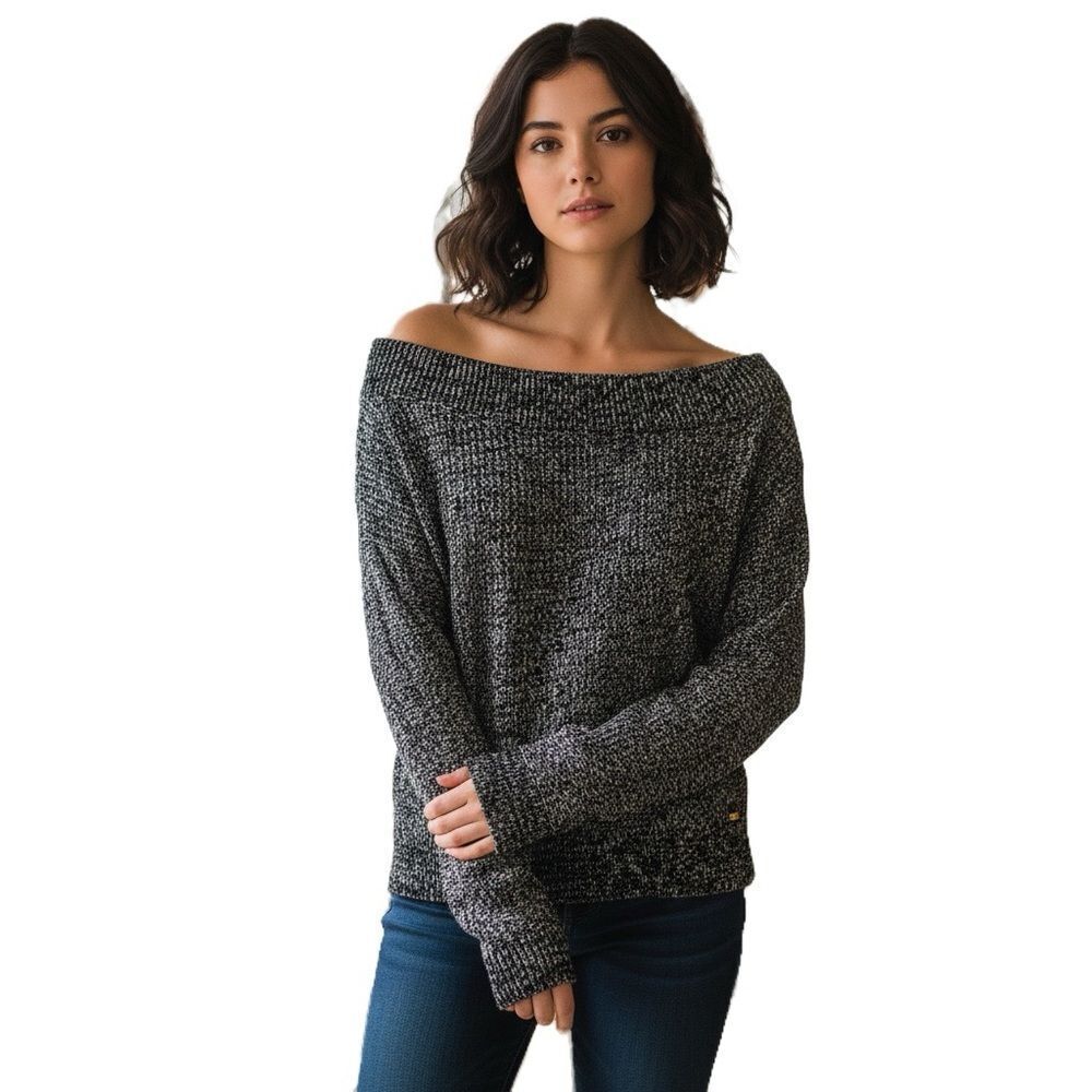 Guess Black & White Marled Off-Shoulder Knit Sweater